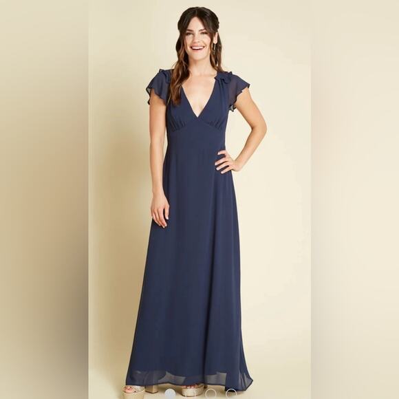 Rare Size 2 ModCloth Navy Maxi Dress Flutter Sleeve V Neck Empire Waist Formal - Picture 1 of 7
